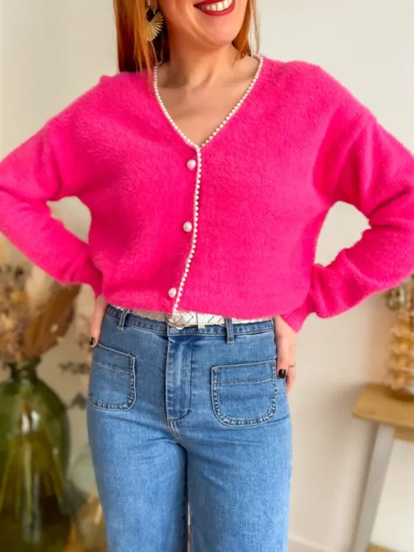 Pulls, Gilets*Justine Boutique Alan gilet pilou fuchsia