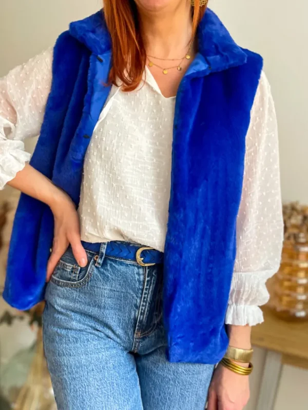 Pulls, Gilets | Vestes, Manteaux*Justine Boutique Fausse fourrure sans manches bleu
