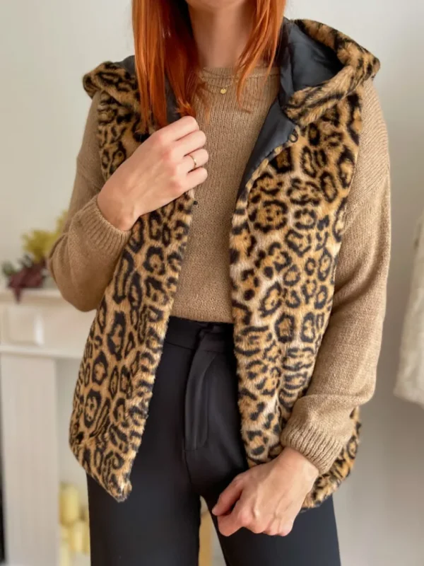 Pulls, Gilets | Vestes, Manteaux*Justine Boutique Fausse fourrure sans manches léopard