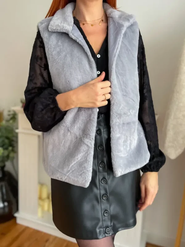 Pulls, Gilets | Vestes, Manteaux*Justine Boutique Fausse fourrure sans manche grise