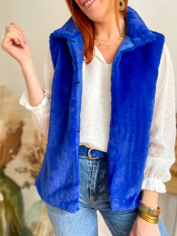 Pulls, Gilets | Vestes, Manteaux*Justine Boutique Fausse fourrure sans manches bleu