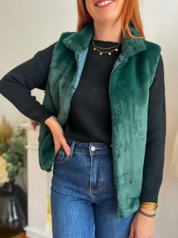 Pulls, Gilets | Vestes, Manteaux*Justine Boutique Fausse fourrure sans manche vert foncé