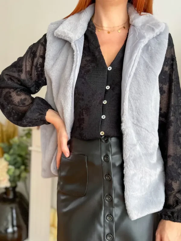 Pulls, Gilets | Vestes, Manteaux*Justine Boutique Fausse fourrure sans manche grise