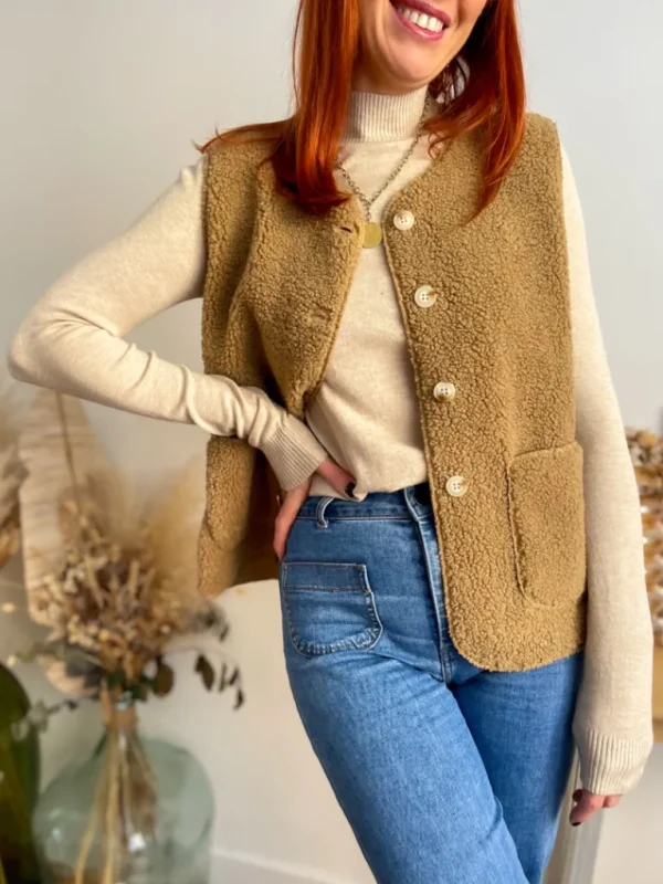 Pulls, Gilets | Vestes, Manteaux*Justine Boutique Marco gilet bouclettes camel