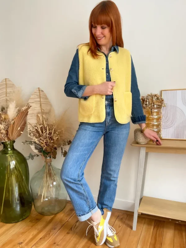 Pulls, Gilets | Vestes, Manteaux*Justine Boutique Marco gilet bouclettes jaune