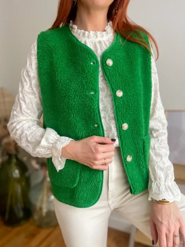 Pulls, Gilets | Vestes, Manteaux*Justine Boutique Marco gilet bouclettes vert