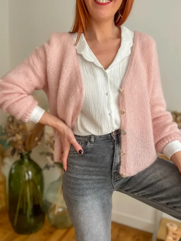 Pulls, Gilets*Justine Boutique Suzy gilet mohair rose poudre